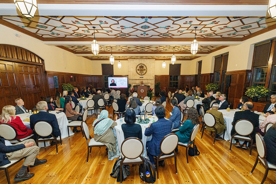 Hanim Astuti, a Fulbright Foreign Student Program grantee from Indonesia pursuing a doctorate in FSU’s School of Information, delivers remarks at the 2025 Fulbright Reception Tuesday, Nov. 18. (Bill Lax/Florida State University)