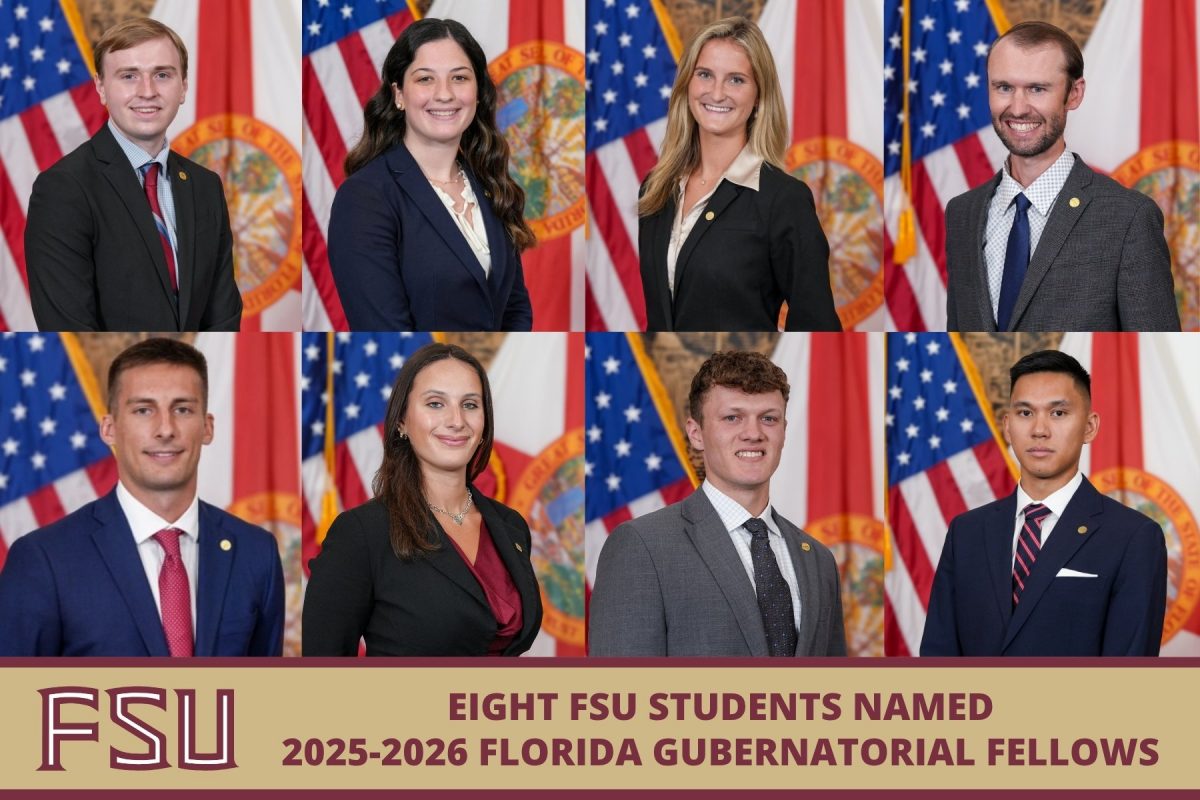 Collage of Top left to right: John Waters, Kate Rumisek, Alexa Kays and Sean Happel. Bottom left to right: Lucas Piroli, Sydney Goldberg, Cole McLellan and Andrew Otanes; with FSU logo ont he bottom stating "EIGHT STUDENTS NAMED 2025-2026 FLORIDA GUBERNATORIAL FELLOWS"
