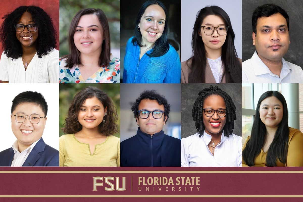 From L clockwise:) Savoya Joyner, Rachel Flemming, Sarah Bacani, Suzi Ji, Md Sazzad Mahmud Shuvo, Athena Thai, Coreine Rainford, Gallage Ariyaratne, Rimil Guha Roy and Tzu-An Chiang with FSU graphic on the bottom of the collage