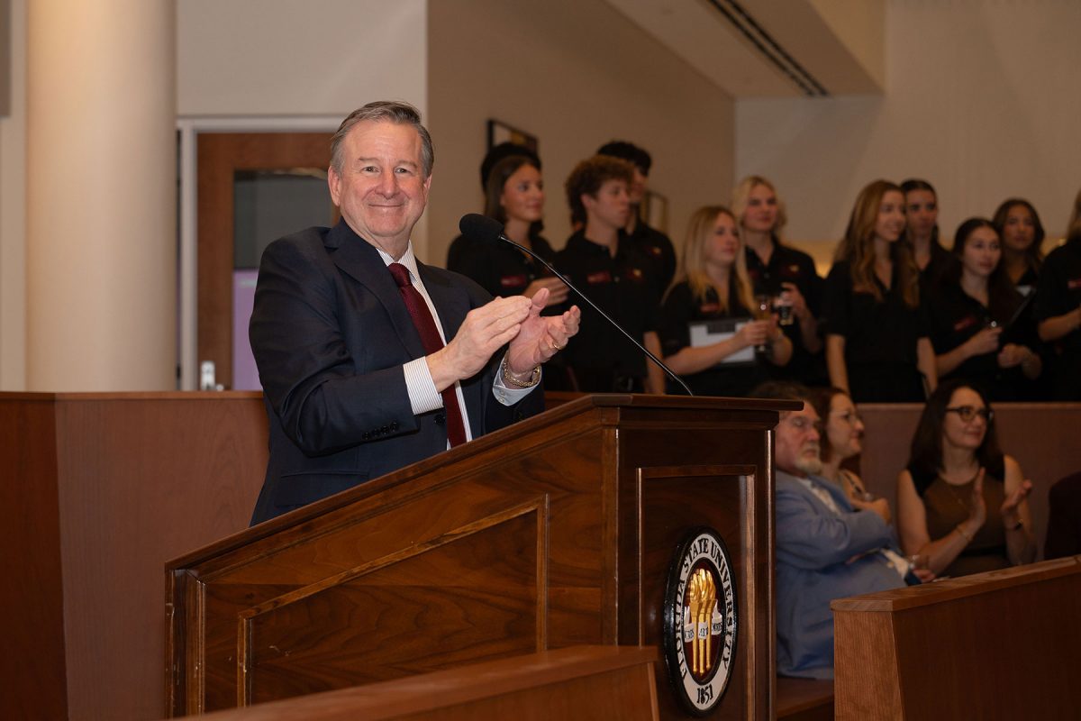 FSU President Richard McCullough speaks during the “Toast and Tour” event at Legacy Hall.